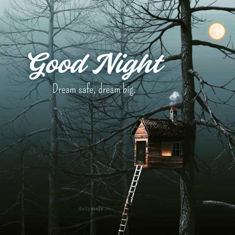 Treehouse under moon with message Dream safe, dream big