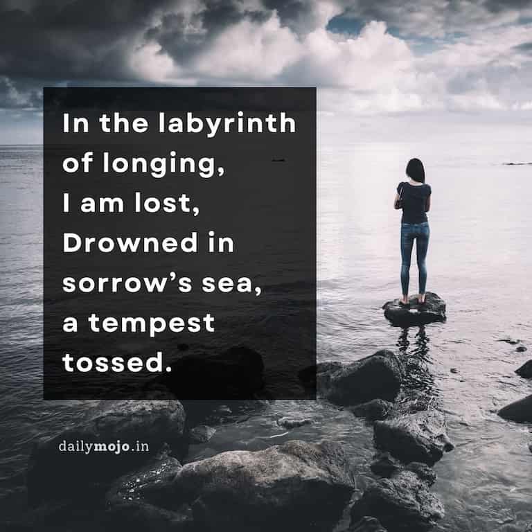 In the labyrinth of longing, I am lost,
Drowned in sorrow's sea, a tempest tossed.