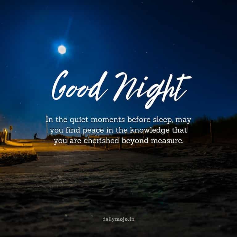 In the quiet moments before sleep, may you find peace in the knowledge that you are cherished beyond measure. Good night!