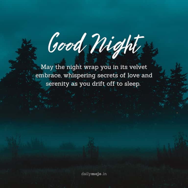 May the night wrap you in its velvet embrace, whispering secrets of love and serenity as you drift off to sleep. Good night!