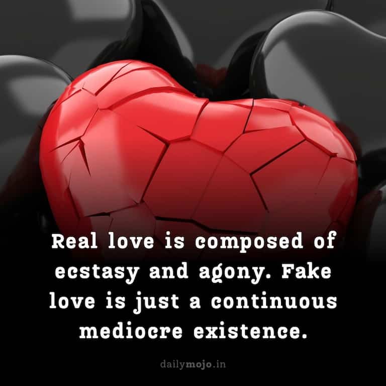 Real love is composed of ecstasy and agony. Fake love is just a continuous mediocre existence