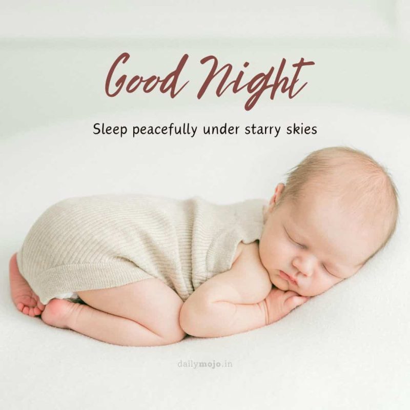Baby angel with message Sleep peacefully under starry skies
